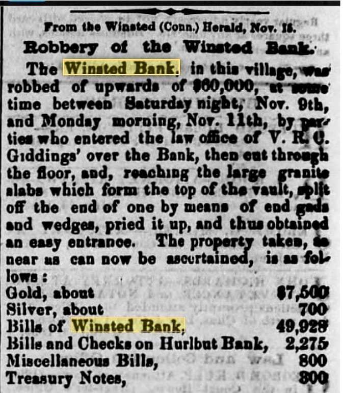 Winsted Bank Robbery Newspaper Lost Treasure Legends in Connecticut