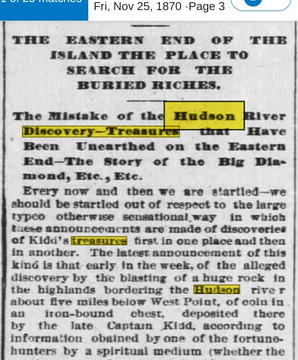 Captain Kidd Hudson newspaper Lost Treasure in New York