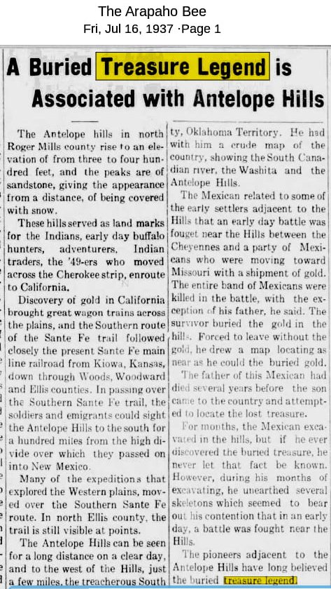 Antelope Hills Article Newspaper Lost Treasure Legends in Oklahoma