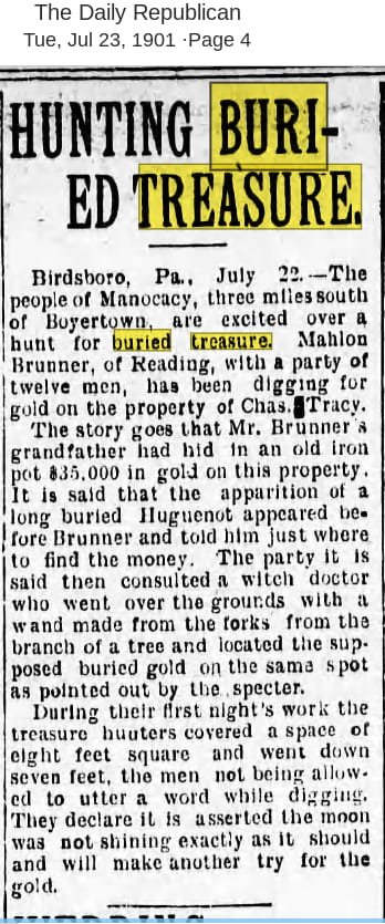 Monocacy Penn Treasure newspaper article Lost Treasure in Pennsylvania