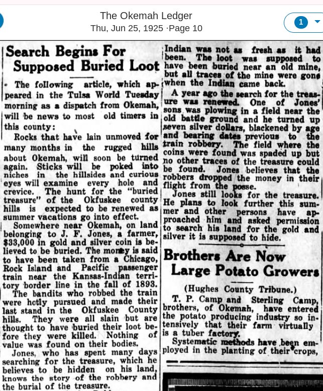 Okemah Train Loot Newspaper Lost Treasure Legends in Oklahoma